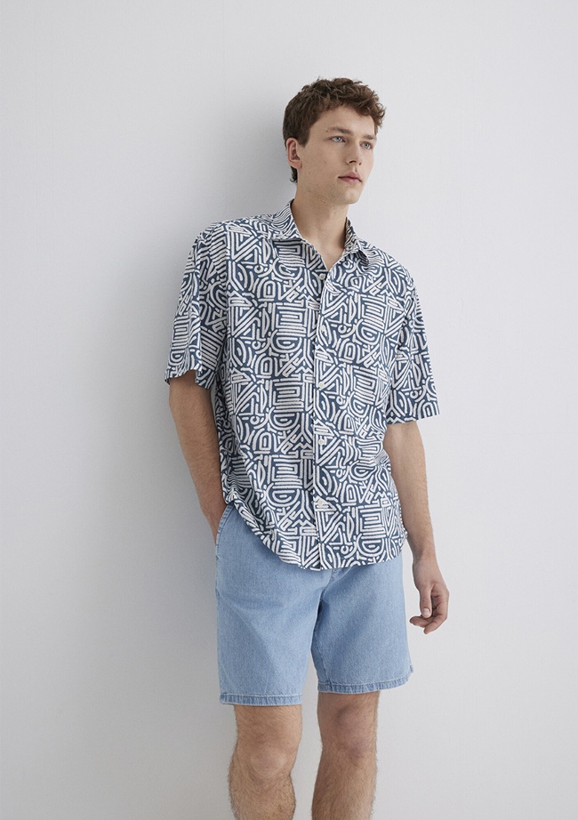  Mavi Baskılı Mavi Gömlek Loose Fit / Bol Rahat Kesim 0211595-90733