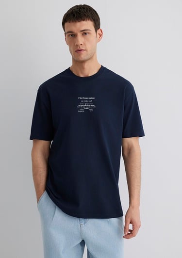  Mavi Baskılı Lacivert Tişört Loose Fit / Bol Rahat Kesim 0612796-70490