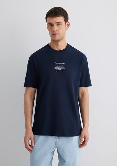  Mavi Baskılı Lacivert Tişört Loose Fit / Bol Rahat Kesim 0612796-70490