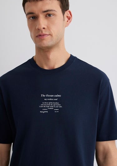  Mavi Baskılı Lacivert Tişört Loose Fit / Bol Rahat Kesim 0612796-70490