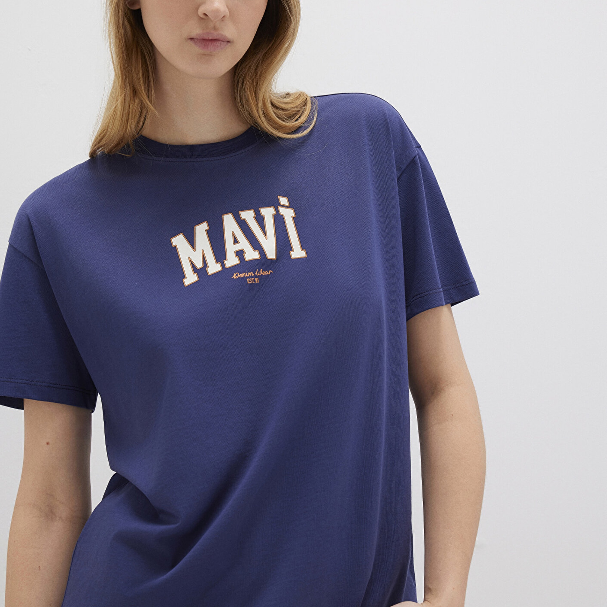 Mavi Mavi Logo Baskılı Lacivert Tişört Loose Fit / Bol Rahat Kesim 1613410-70498