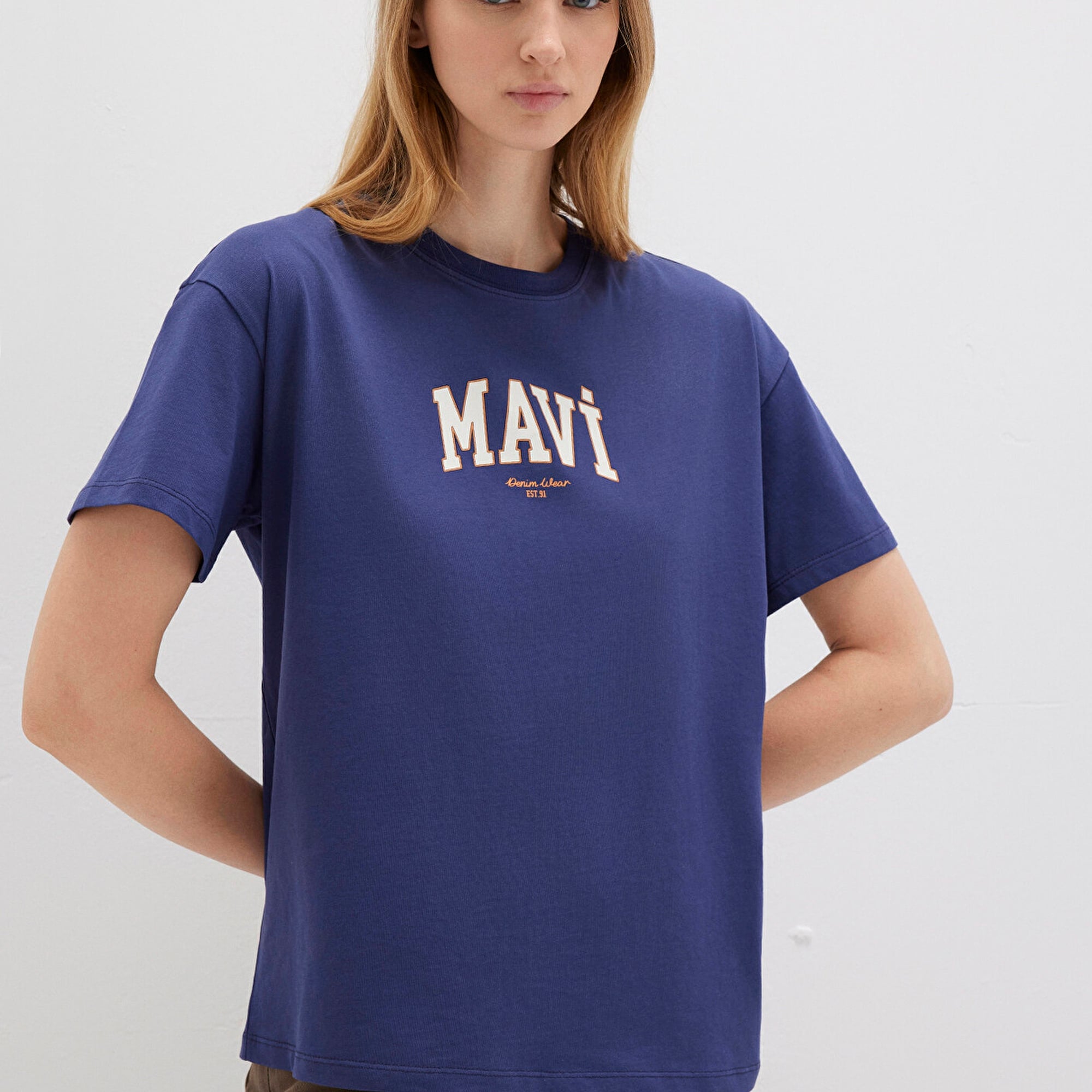 Mavi Mavi Logo Baskılı Lacivert Tişört Loose Fit / Bol Rahat Kesim 1613410-70498