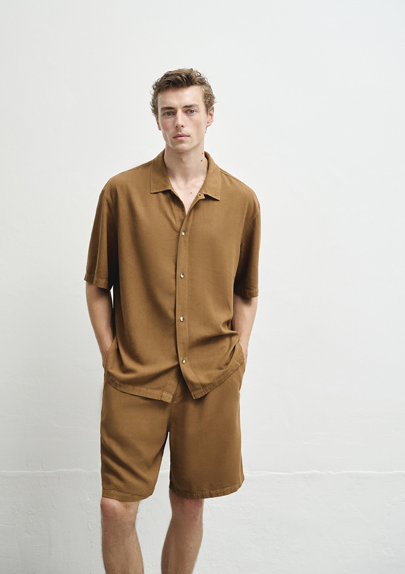  Mavi Keten Karışımlı Kahverengi Gömlek Loose Fit / Bol Rahat Kesim 0211616-82337