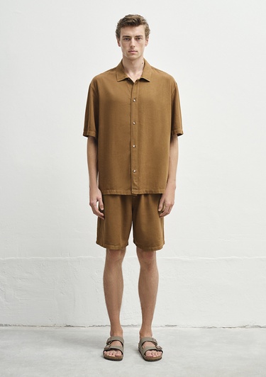  Mavi Keten Karışımlı Kahverengi Gömlek Loose Fit / Bol Rahat Kesim 0211616-82337