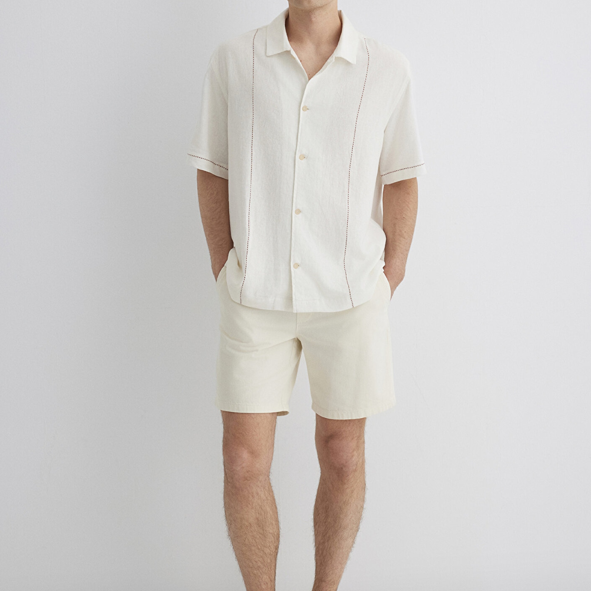 Mavi Keten Karışımlı Beyaz Gömlek Loose Fit / Bol Rahat Kesim 0211597-70058