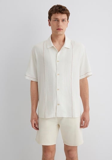  Mavi Keten Karışımlı Beyaz Gömlek Loose Fit / Bol Rahat Kesim 0211597-70058