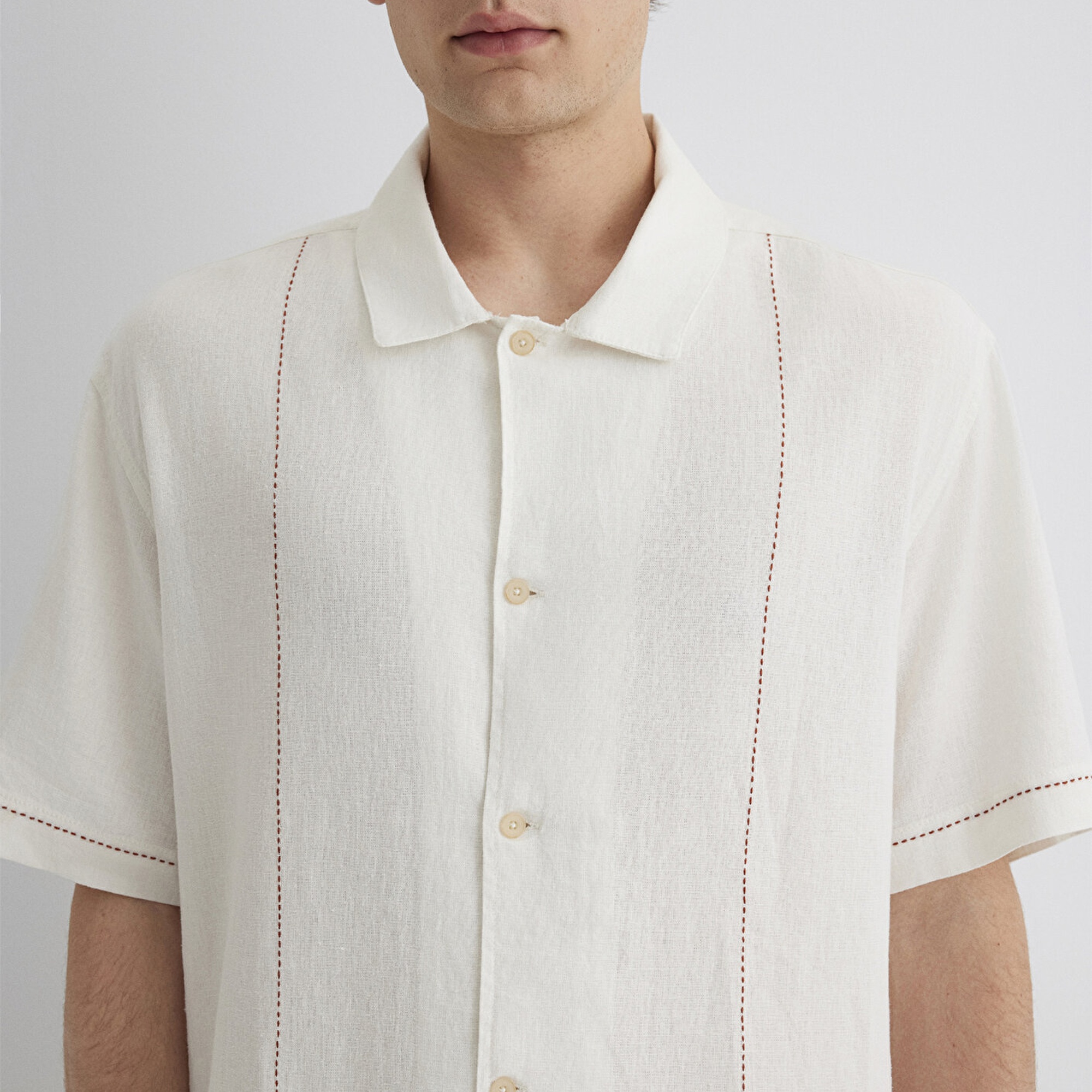 Mavi Keten Karışımlı Beyaz Gömlek Loose Fit / Bol Rahat Kesim 0211597-70058