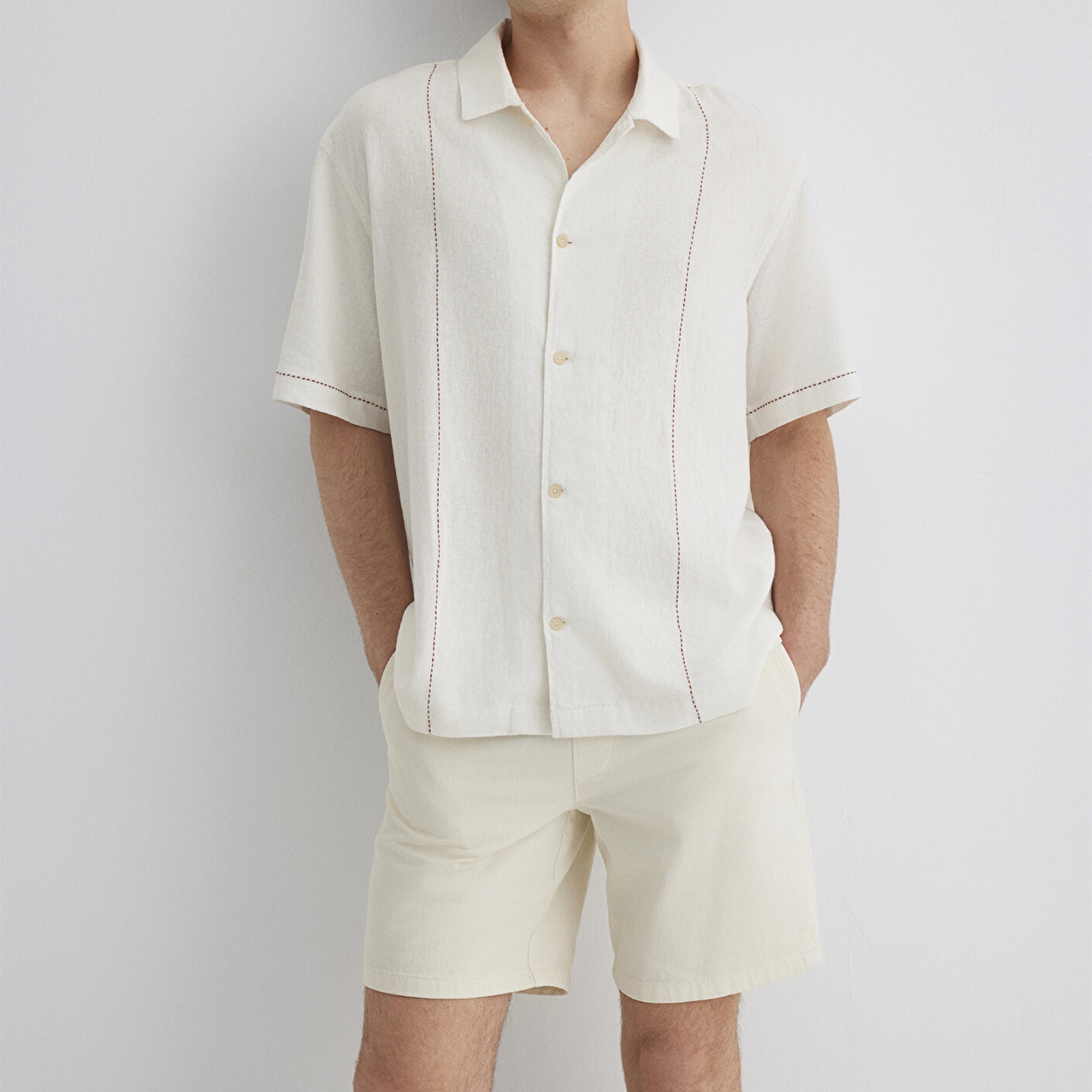 Mavi Keten Karışımlı Beyaz Gömlek Loose Fit / Bol Rahat Kesim 0211597-70058