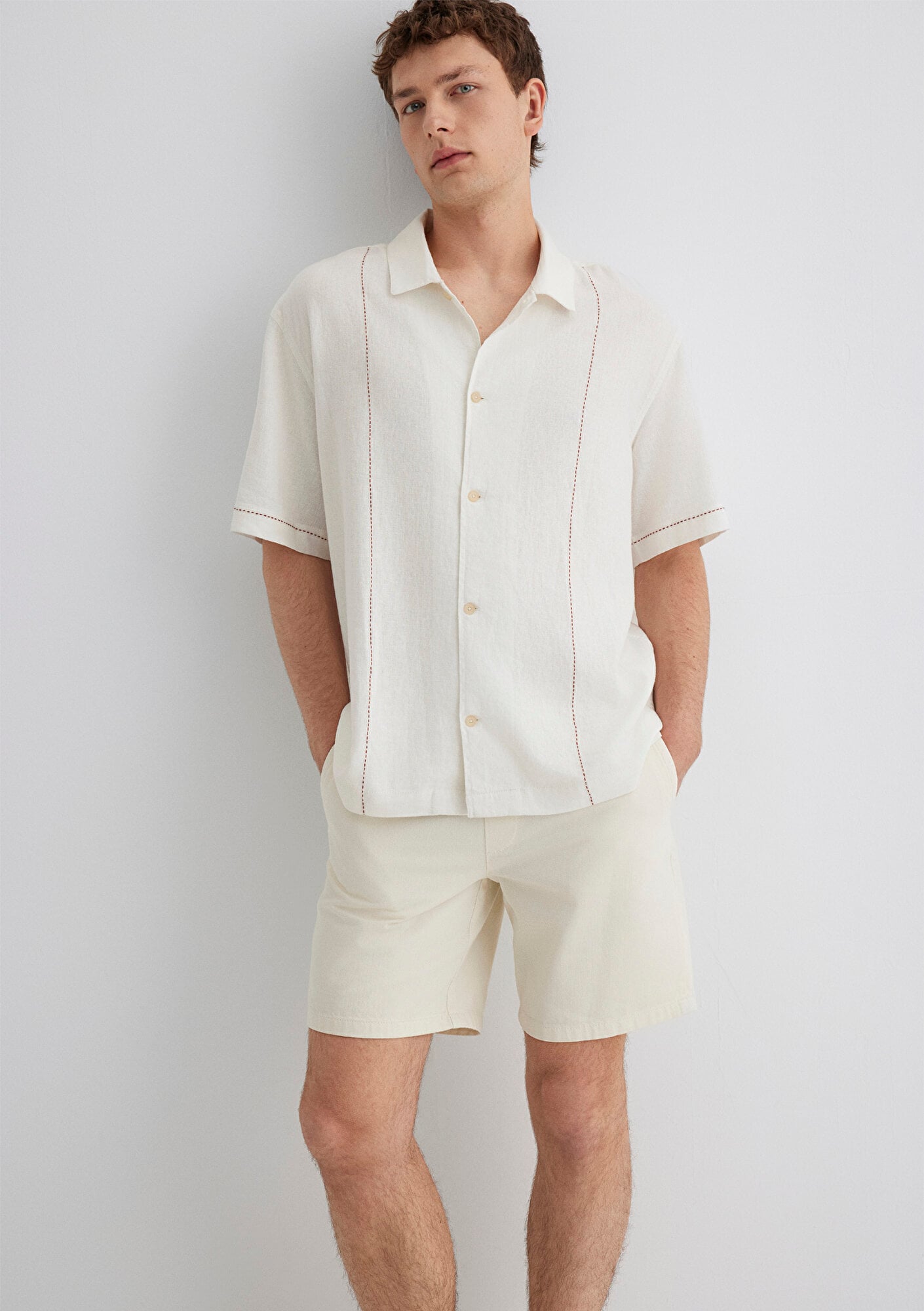  Mavi Keten Karışımlı Beyaz Gömlek Loose Fit / Bol Rahat Kesim 0211597-70058