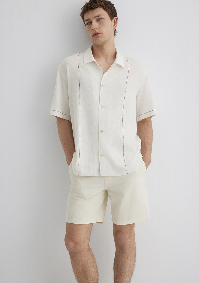  Mavi Keten Karışımlı Beyaz Gömlek Loose Fit / Bol Rahat Kesim 0211597-70058