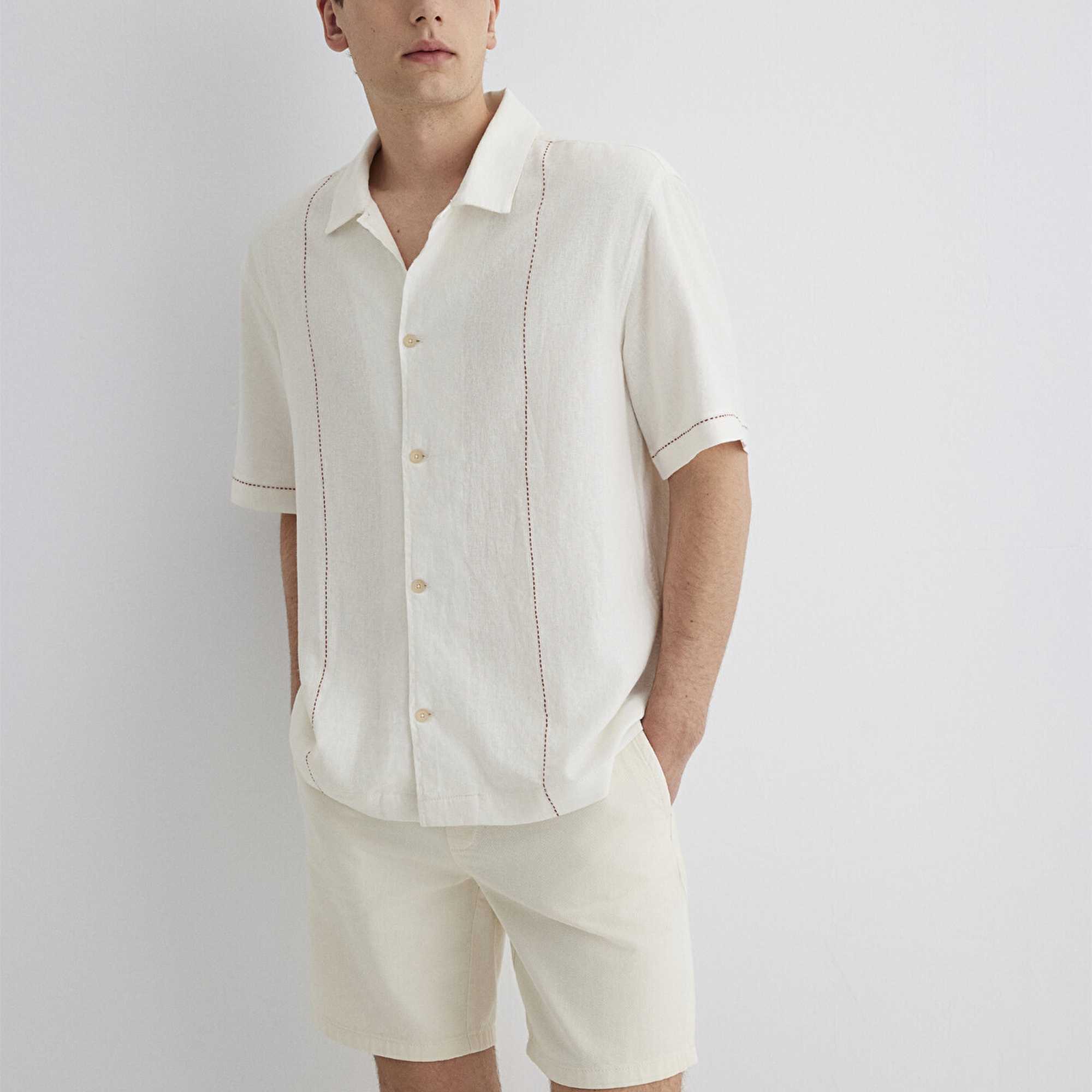 Mavi Keten Karışımlı Beyaz Gömlek Loose Fit / Bol Rahat Kesim 0211597-70058