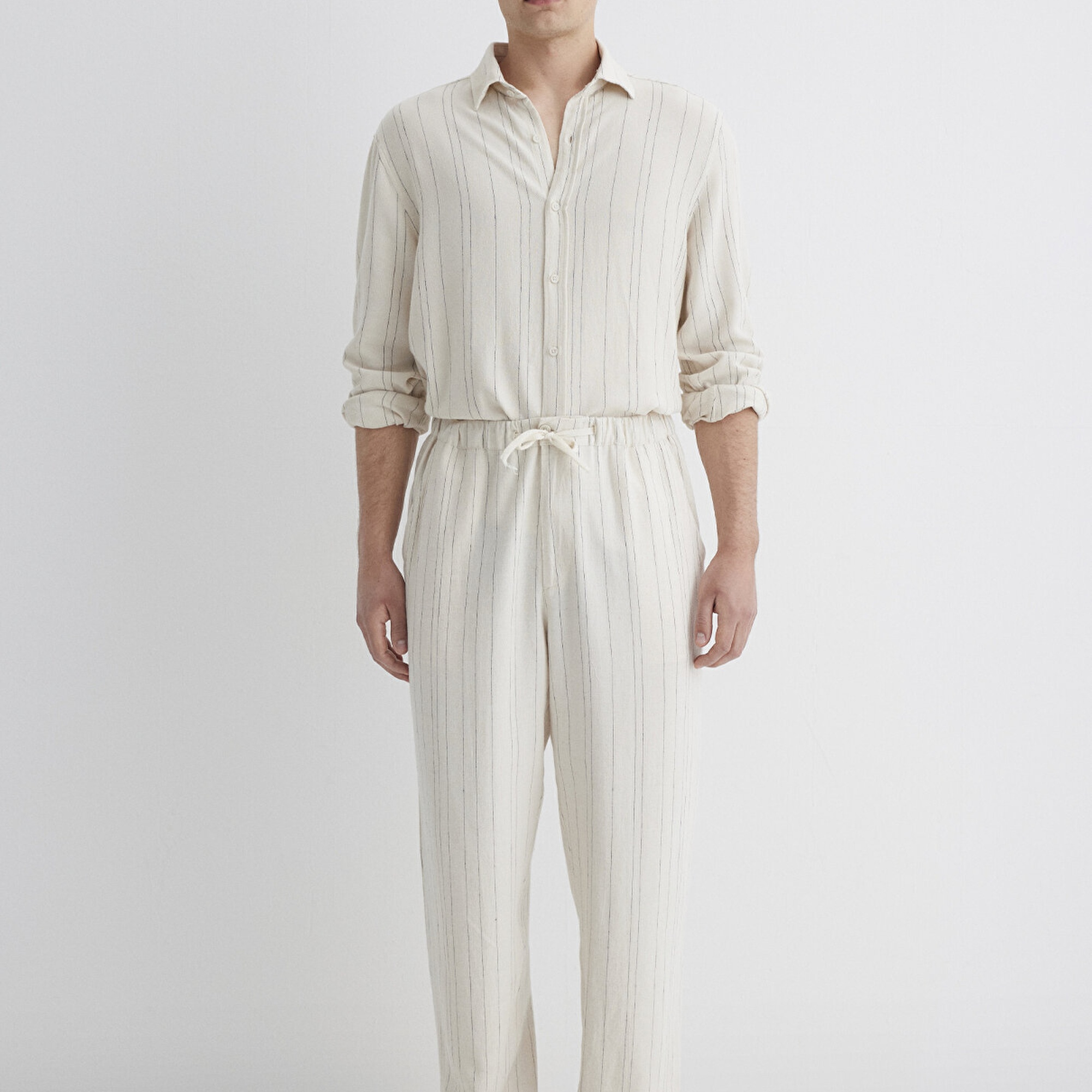 Mavi Keten Karışımlı Çizgili Bej Pantolon 0010467-83884