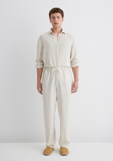  Mavi Keten Karışımlı Çizgili Bej Pantolon 0010467-83884