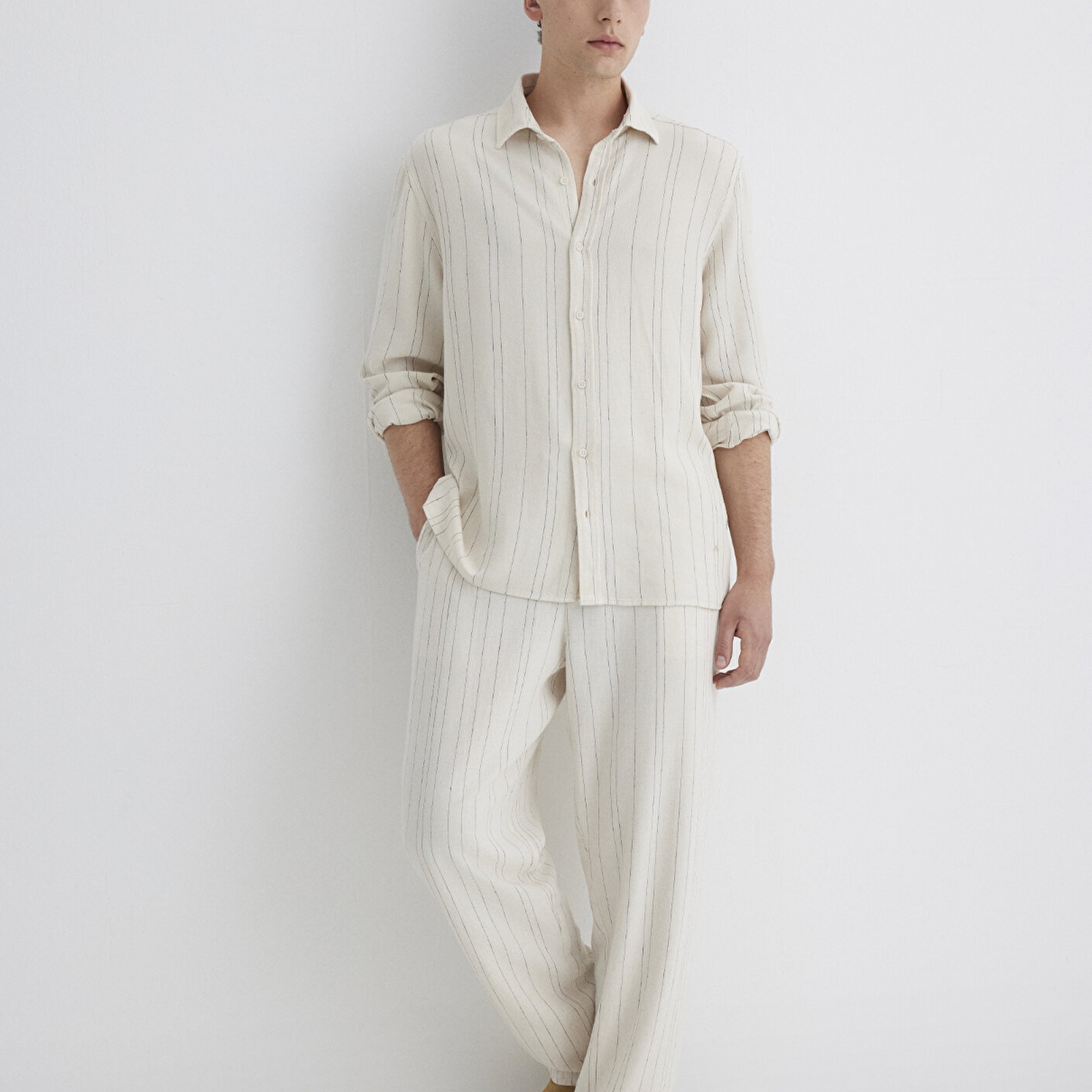 Mavi Keten Karışımlı Çizgili Bej Pantolon 0010467-83884