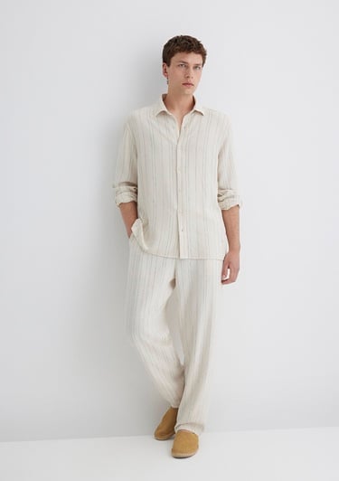  Mavi Keten Karışımlı Çizgili Bej Pantolon 0010467-83884