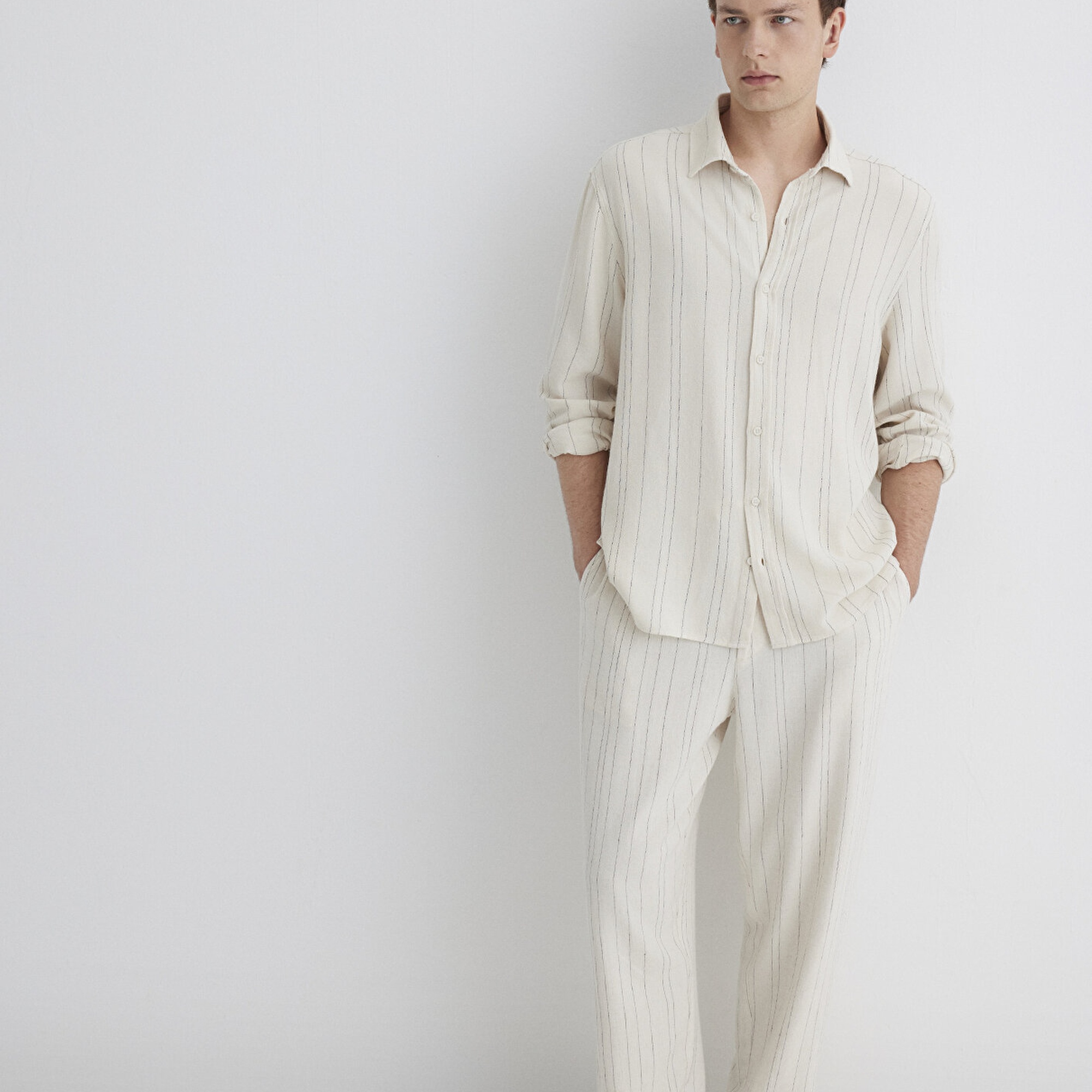 Mavi Keten Karışımlı Çizgili Bej Pantolon 0010467-83884