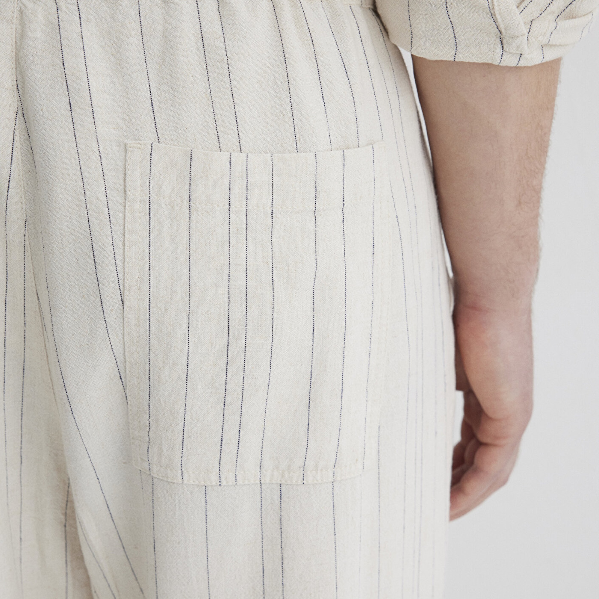 Mavi Keten Karışımlı Çizgili Bej Pantolon 0010467-83884