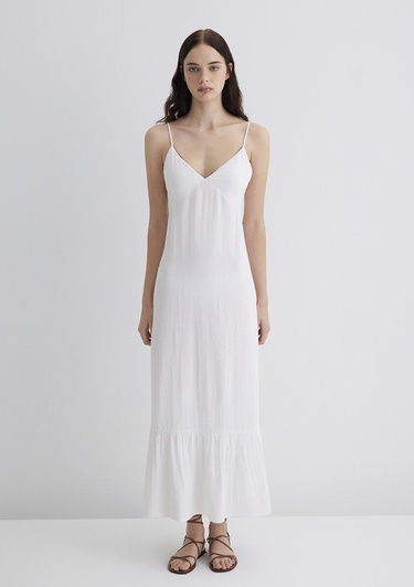  Mavi Keten Karışımlı Beyaz Elbise 1310797-620