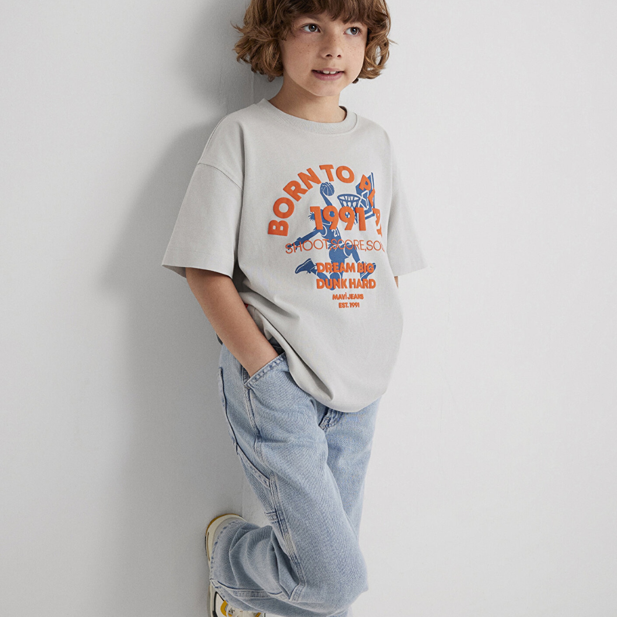 Mavi Baskılı Gri Tişört Oversize / Geniş Kesim 6610355-90782