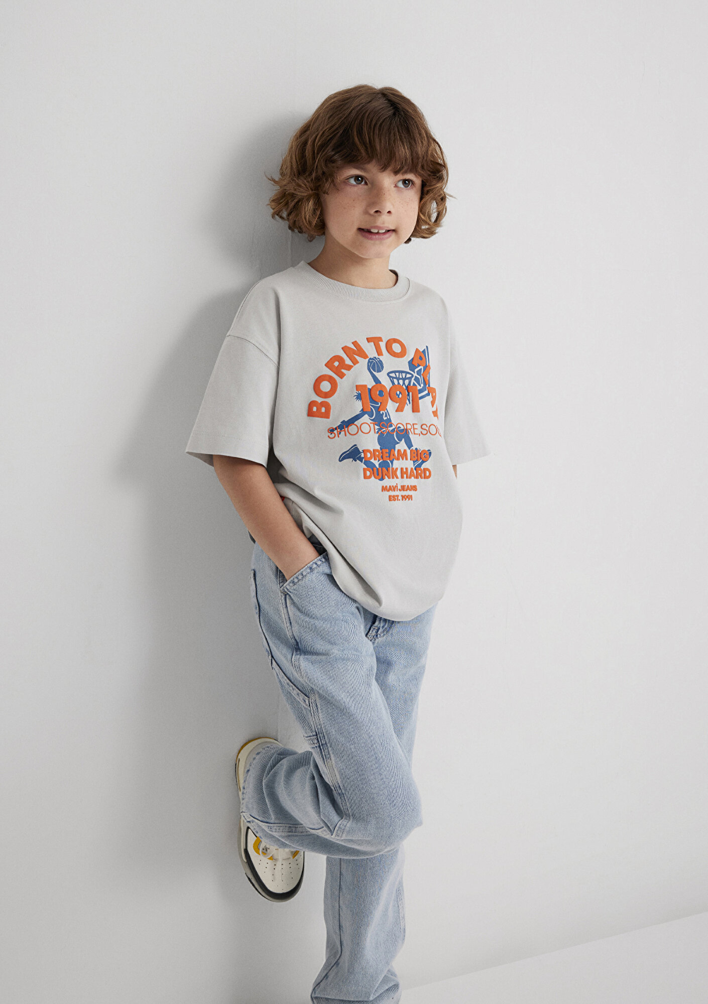  Mavi Baskılı Gri Tişört Oversize / Geniş Kesim 6610355-90782