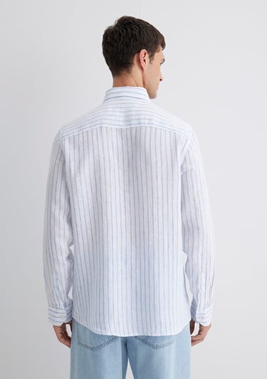  Mavi Çizgili Keten Gömlek Regular Fit / Normal Kesim 0211633-90794