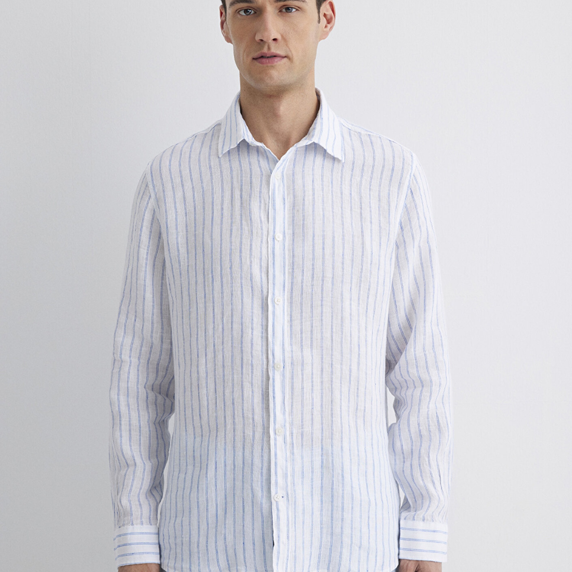 Mavi Çizgili Keten Gömlek Regular Fit / Normal Kesim 0211633-90794