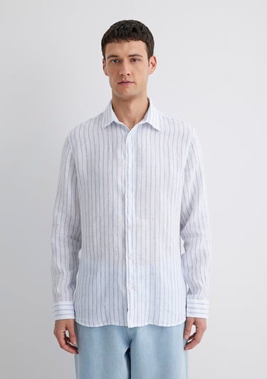  Mavi Çizgili Keten Gömlek Regular Fit / Normal Kesim 0211633-90794