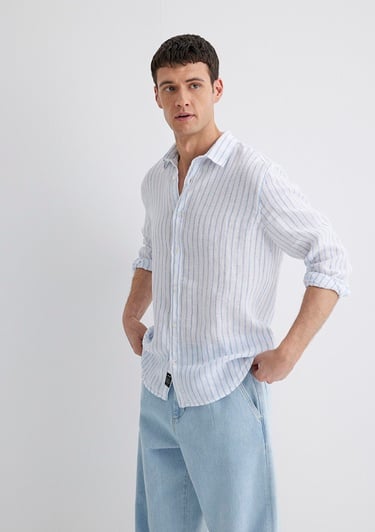  Mavi Çizgili Keten Gömlek Regular Fit / Normal Kesim 0211633-90794