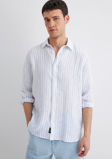  Mavi Çizgili Keten Gömlek Regular Fit / Normal Kesim 0211633-90794