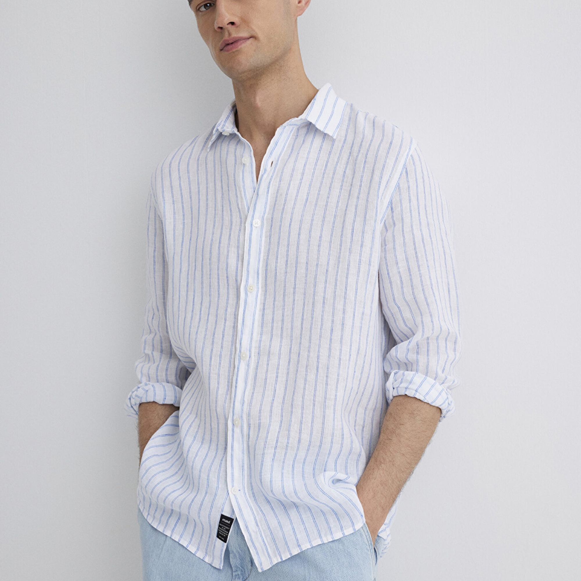 Mavi Çizgili Keten Gömlek Regular Fit / Normal Kesim 0211633-90794