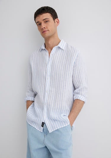  Mavi Çizgili Keten Gömlek Regular Fit / Normal Kesim 0211633-90794