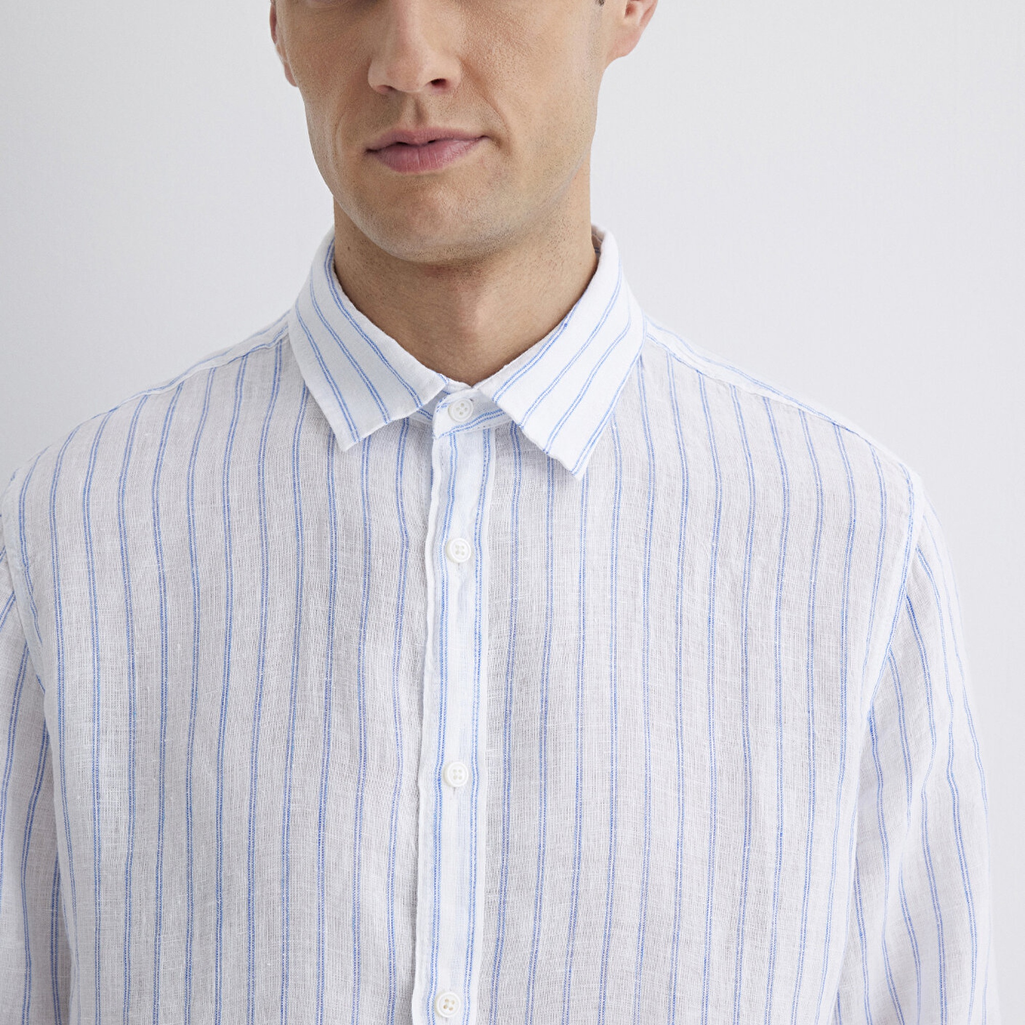 Mavi Çizgili Keten Gömlek Regular Fit / Normal Kesim 0211633-90794