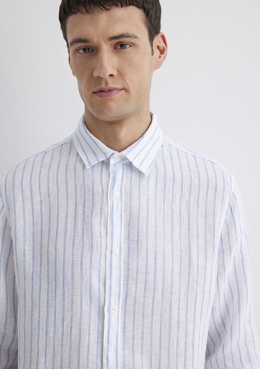  Mavi Çizgili Keten Gömlek Regular Fit / Normal Kesim 0211633-90794