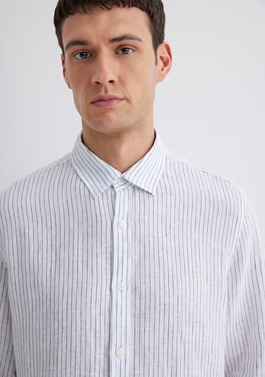  Mavi Çizgili Keten Gömlek  0211634-90795