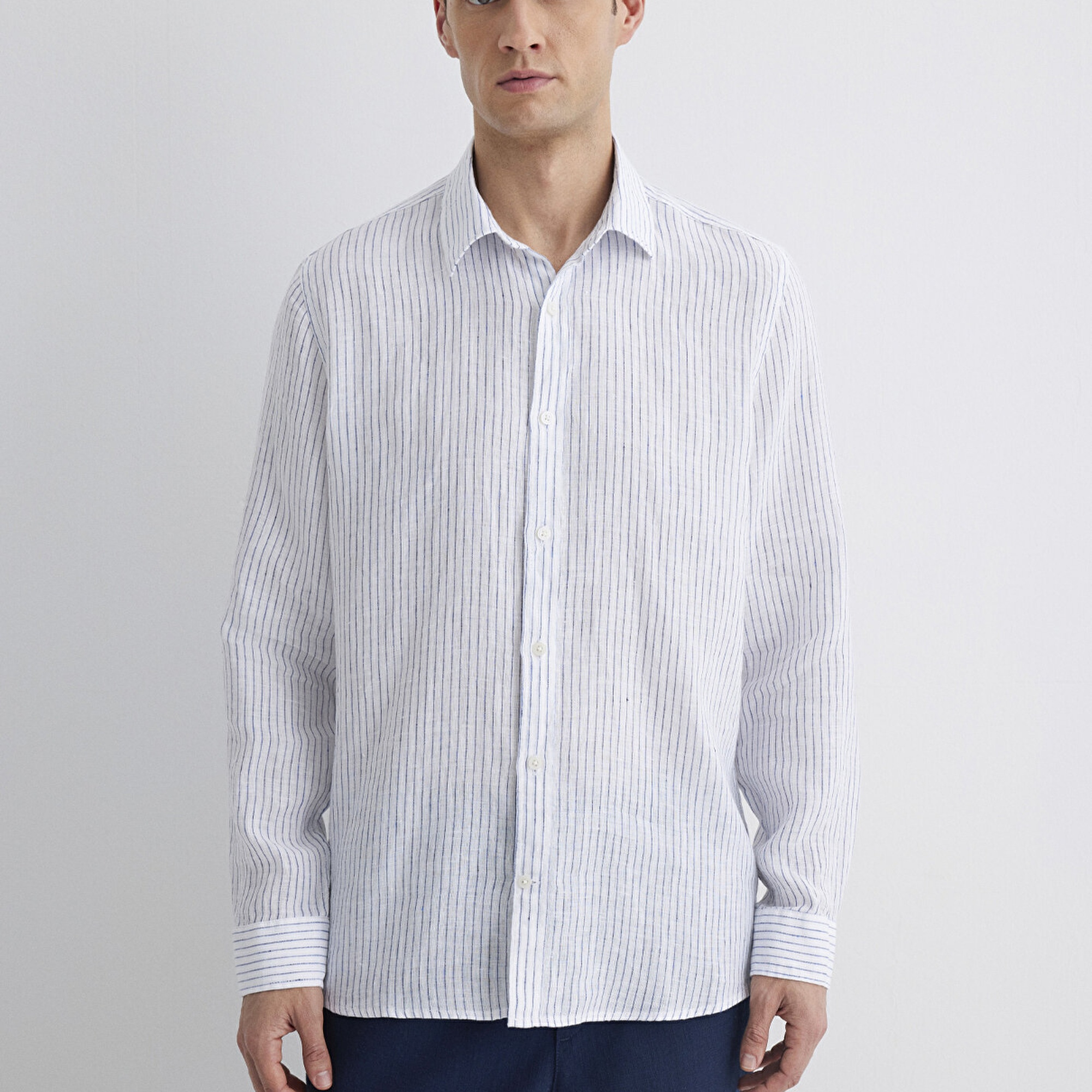 Mavi Çizgili Keten Gömlek  0211634-90795