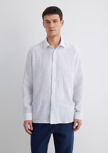  Mavi Çizgili Keten Gömlek  0211634-90795