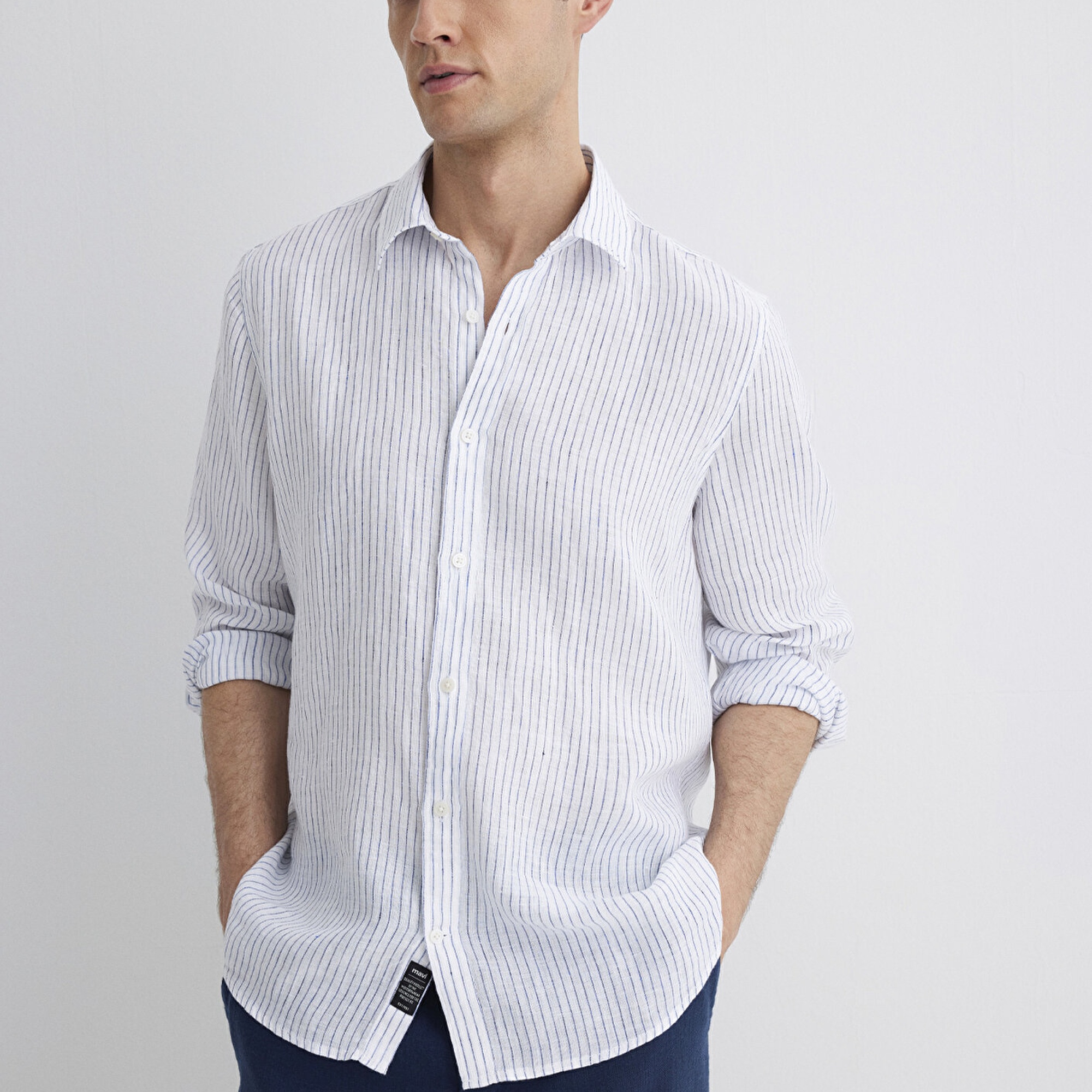 Mavi Çizgili Keten Gömlek  0211634-90795