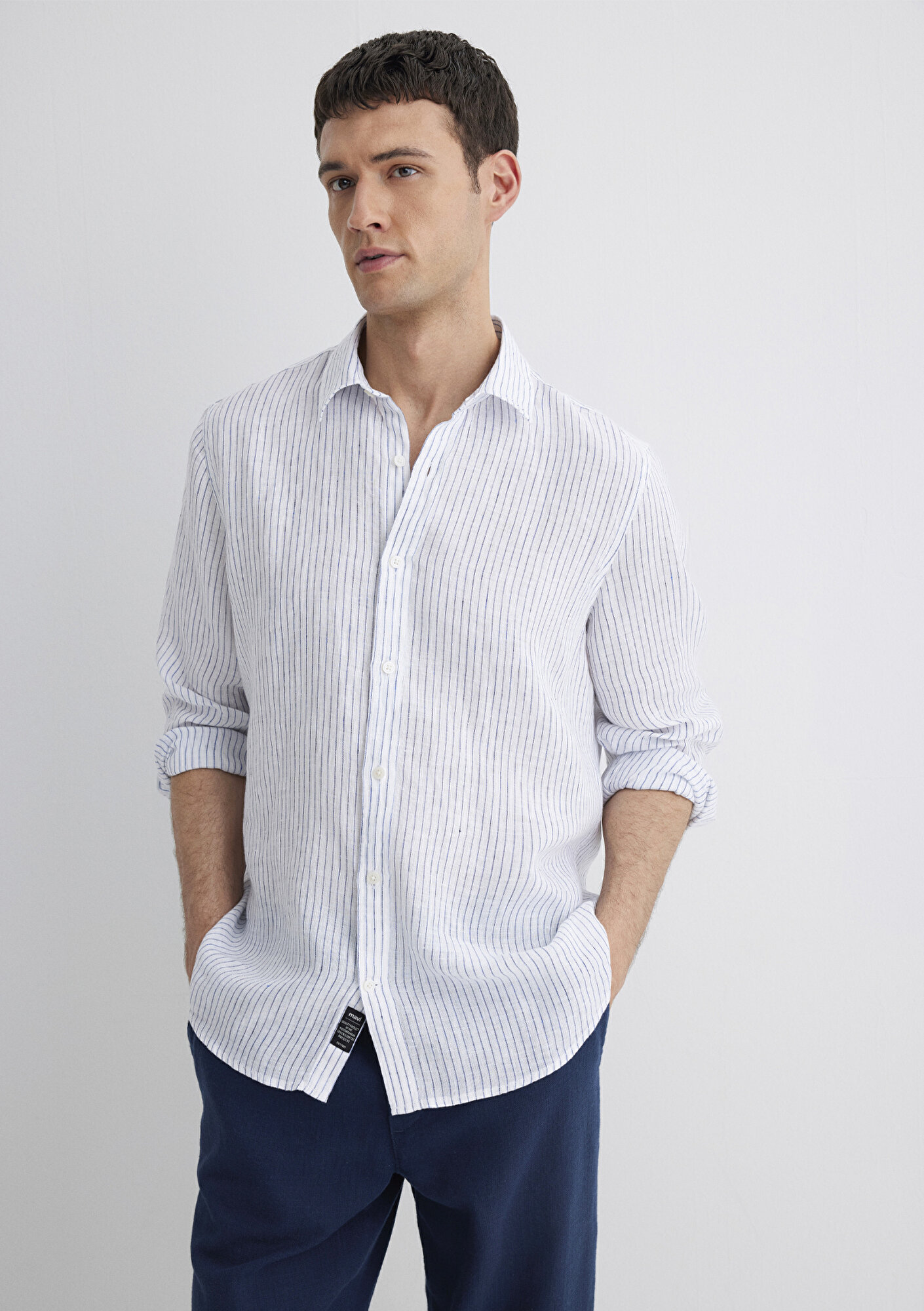  Mavi Çizgili Keten Gömlek  0211634-90795