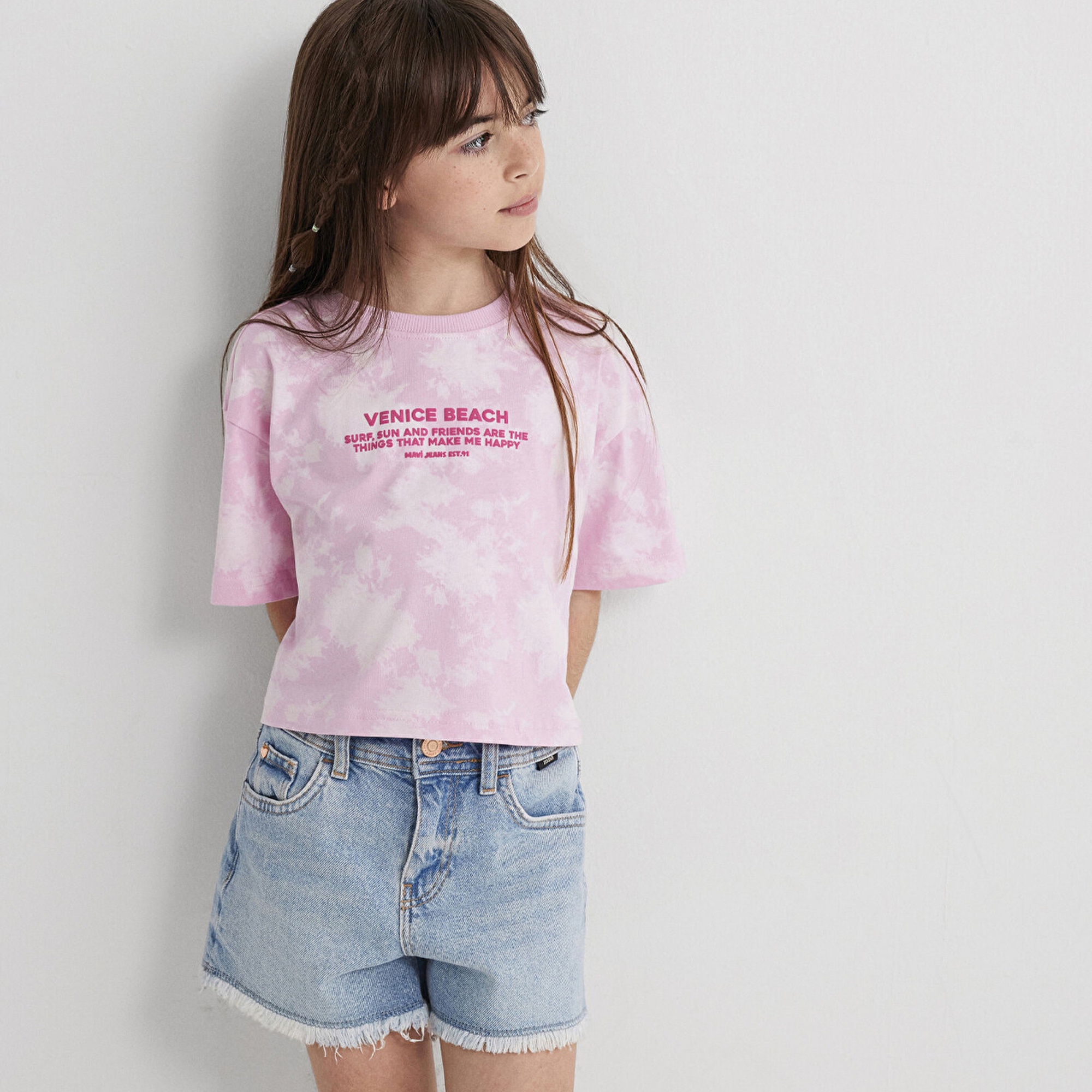 Mavi Baskılı Pembe Tişört Loose Fit / Bol Rahat Kesim 7610325-90384