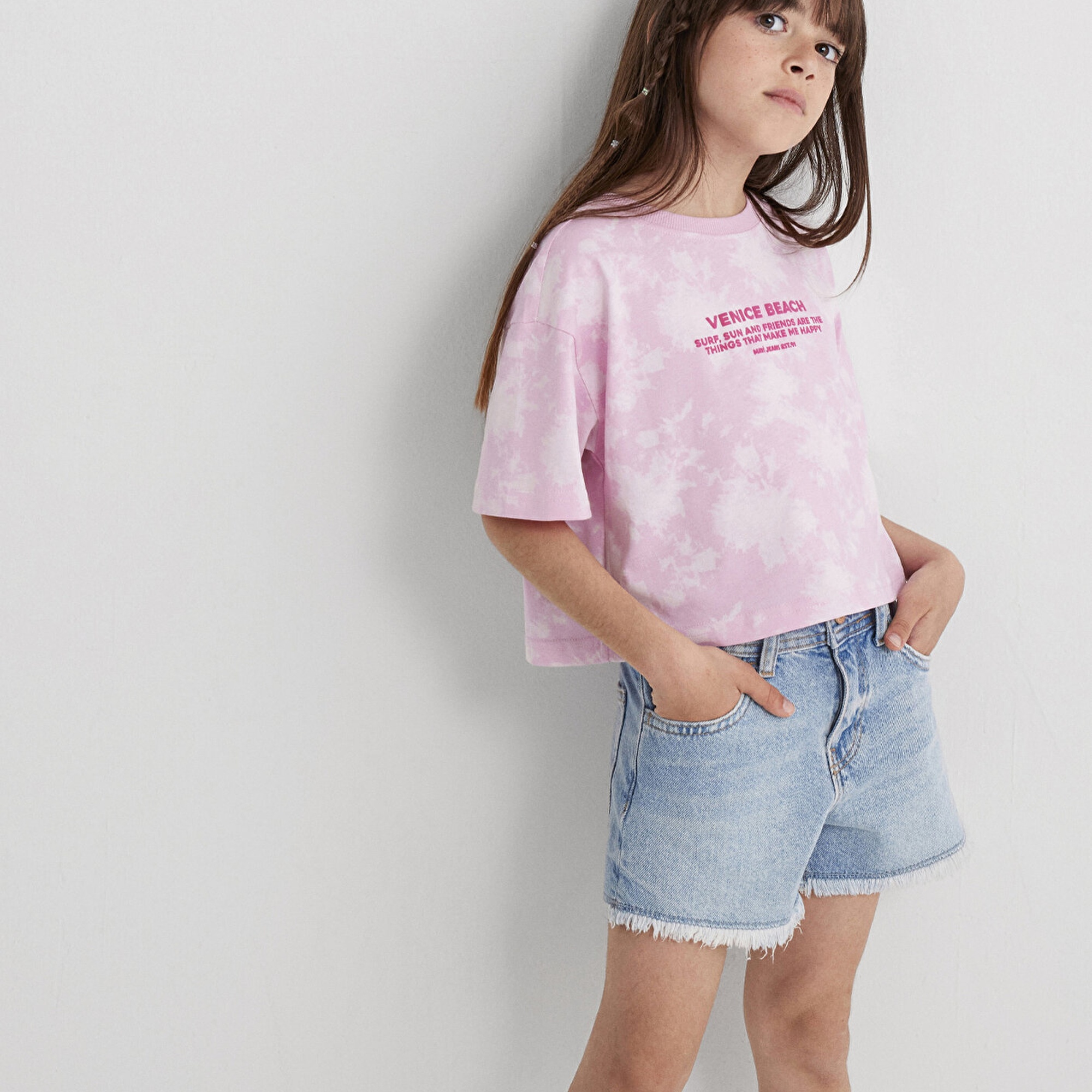 Mavi Baskılı Pembe Tişört Loose Fit / Bol Rahat Kesim 7610325-90384