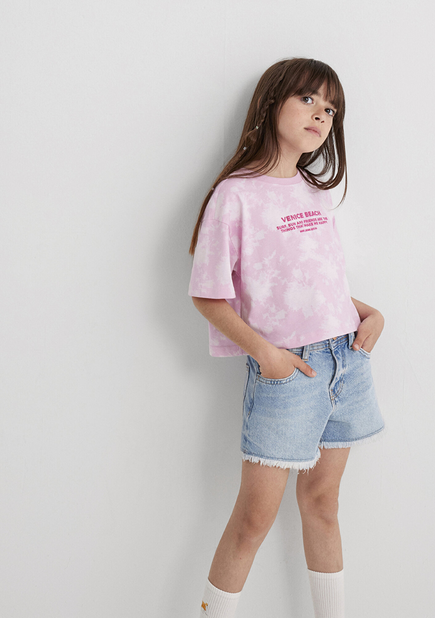  Mavi Baskılı Pembe Tişört Loose Fit / Bol Rahat Kesim 7610325-90384