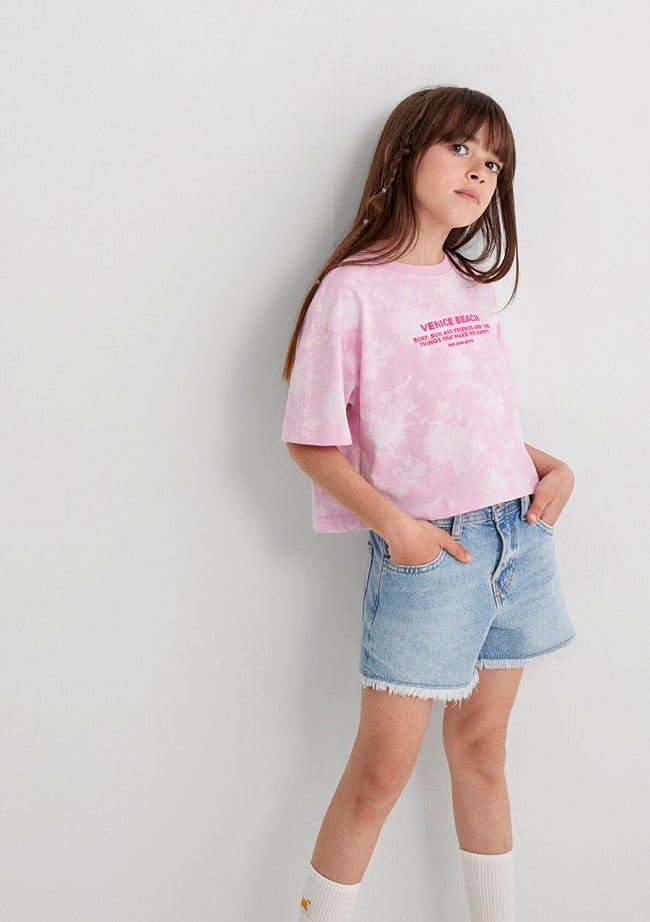  Mavi Baskılı Pembe Tişört Loose Fit / Bol Rahat Kesim 7610325-90384