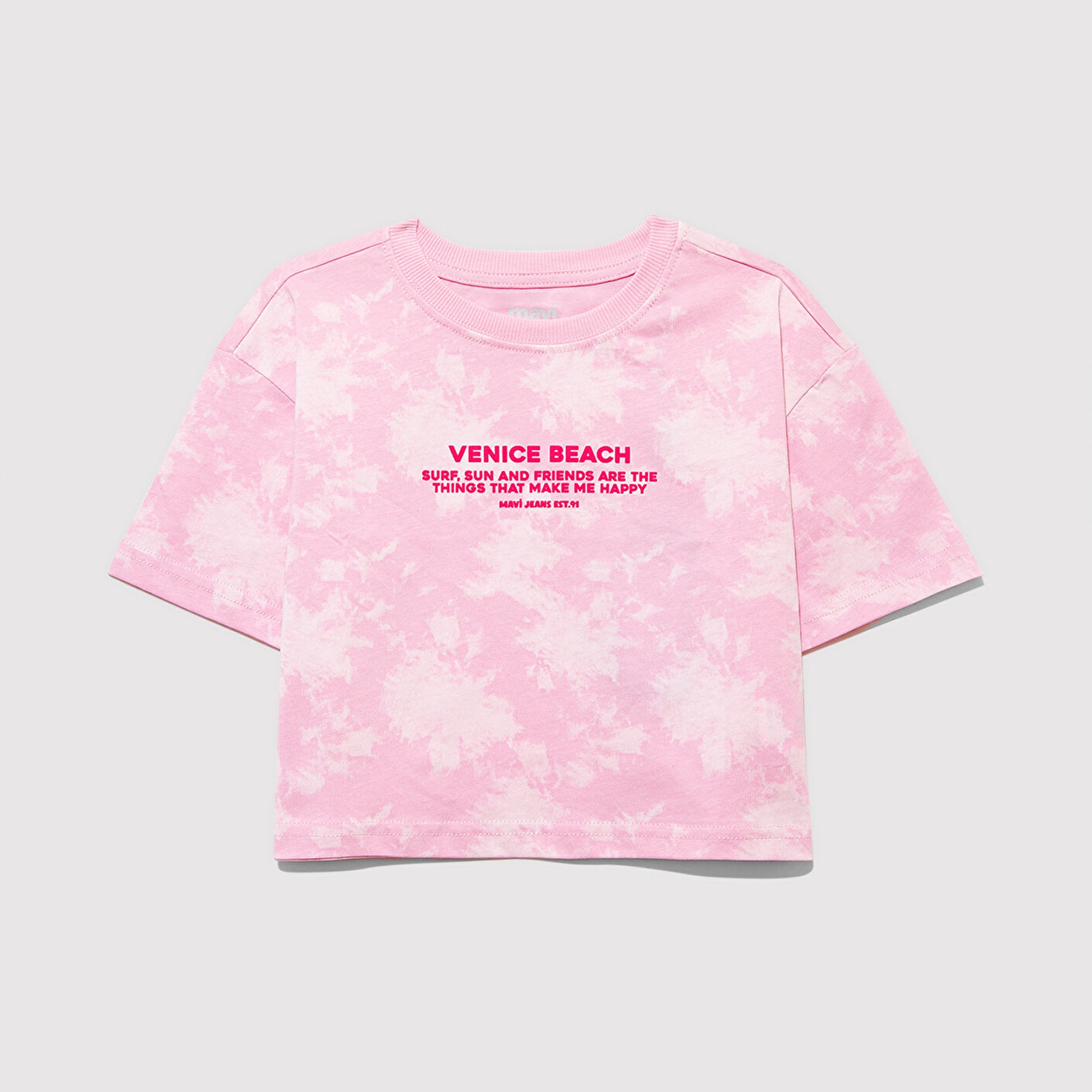 Mavi Baskılı Pembe Tişört Loose Fit / Bol Rahat Kesim 7610325-90384