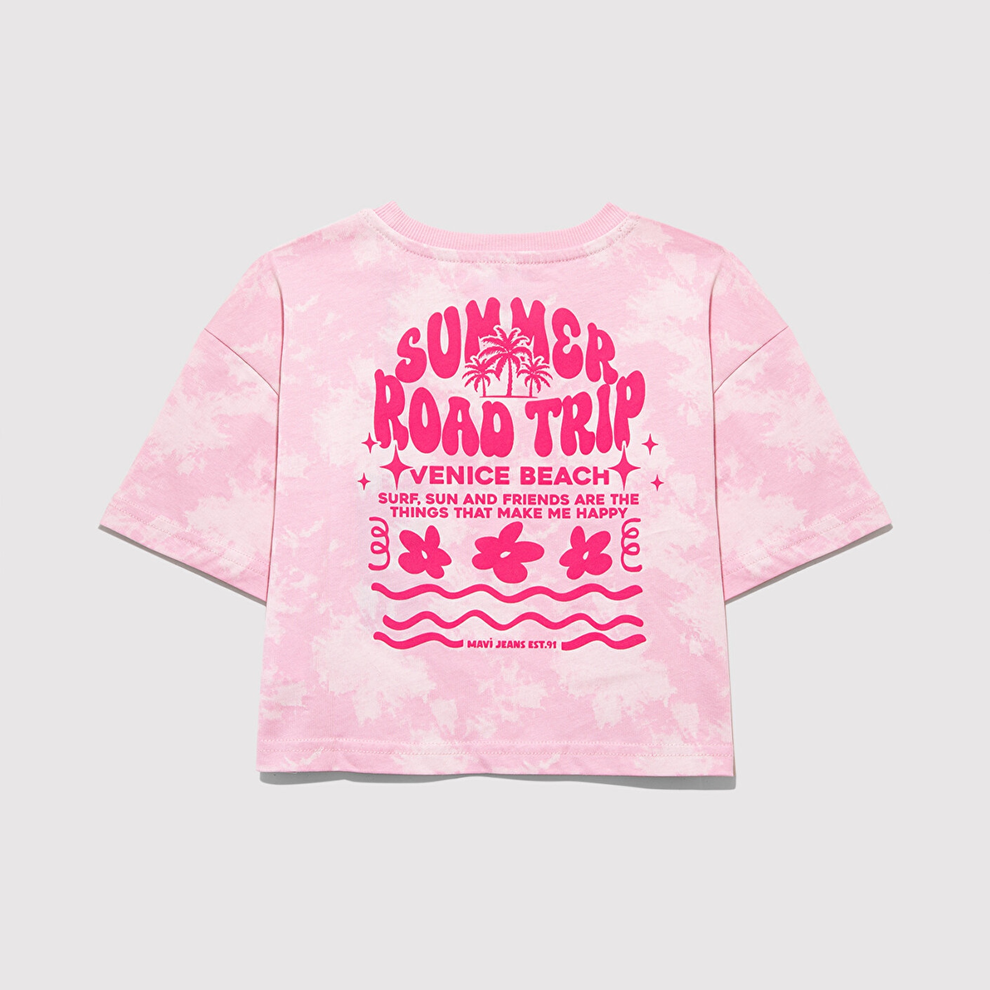 Mavi Baskılı Pembe Tişört Loose Fit / Bol Rahat Kesim 7610325-90384