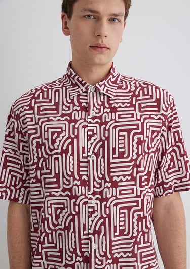  Mavi Baskılı Kırmızı Gömlek Loose Fit / Bol Rahat Kesim 0211536-89926