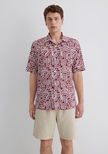  Mavi Baskılı Kırmızı Gömlek Loose Fit / Bol Rahat Kesim 0211536-89926