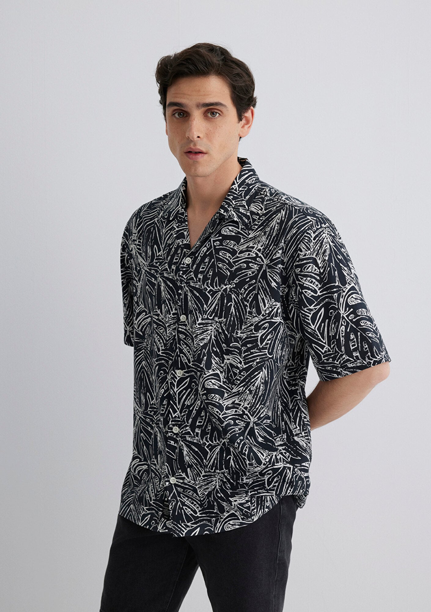  Mavi Kısa Kollu Baskılı Gömlek Loose Fit / Bol Rahat Kesim 0211535-90436