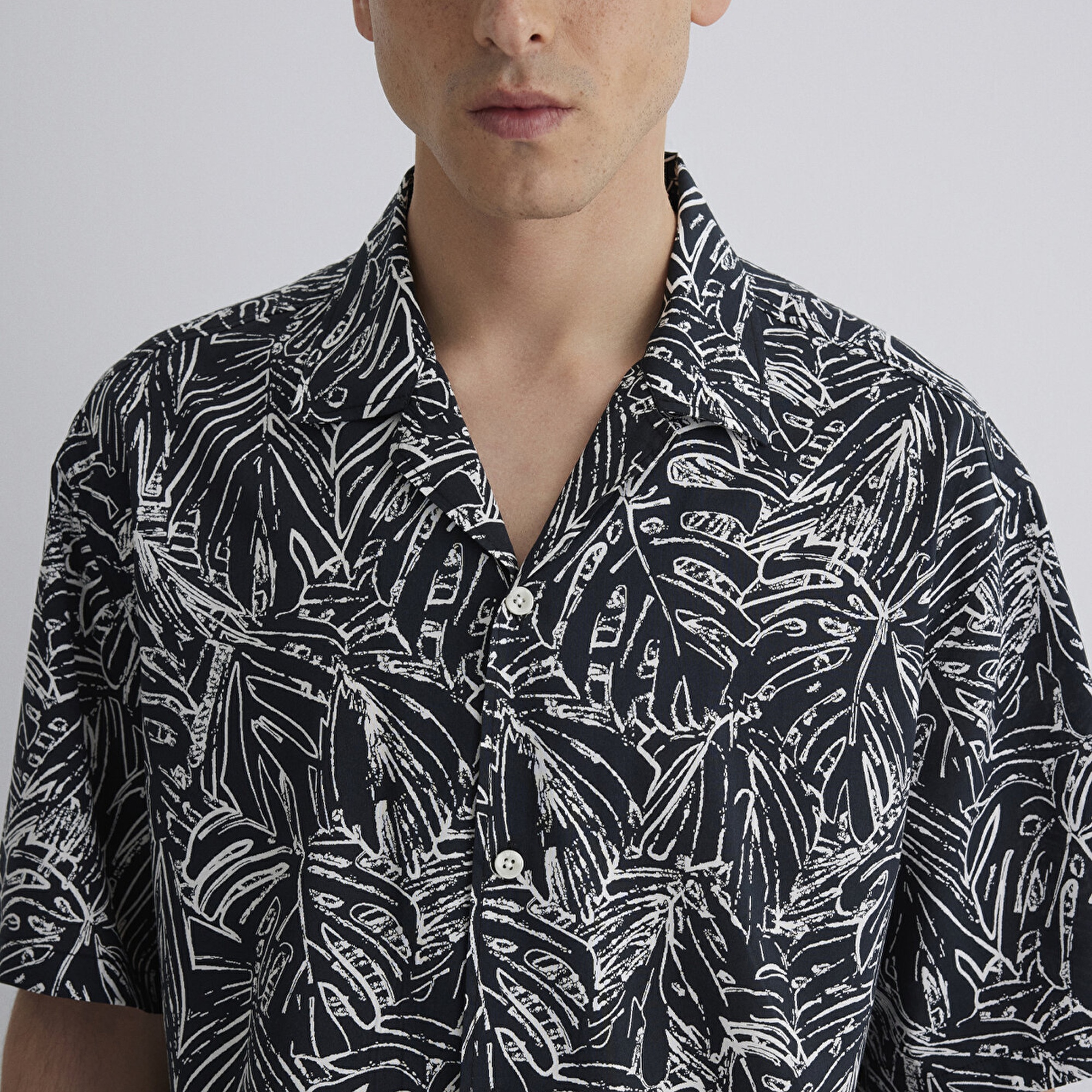 Mavi Kısa Kollu Baskılı Gömlek Loose Fit / Bol Rahat Kesim 0211535-90436