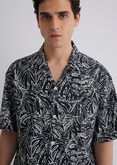  Mavi Kısa Kollu Baskılı Gömlek Loose Fit / Bol Rahat Kesim 0211535-90436