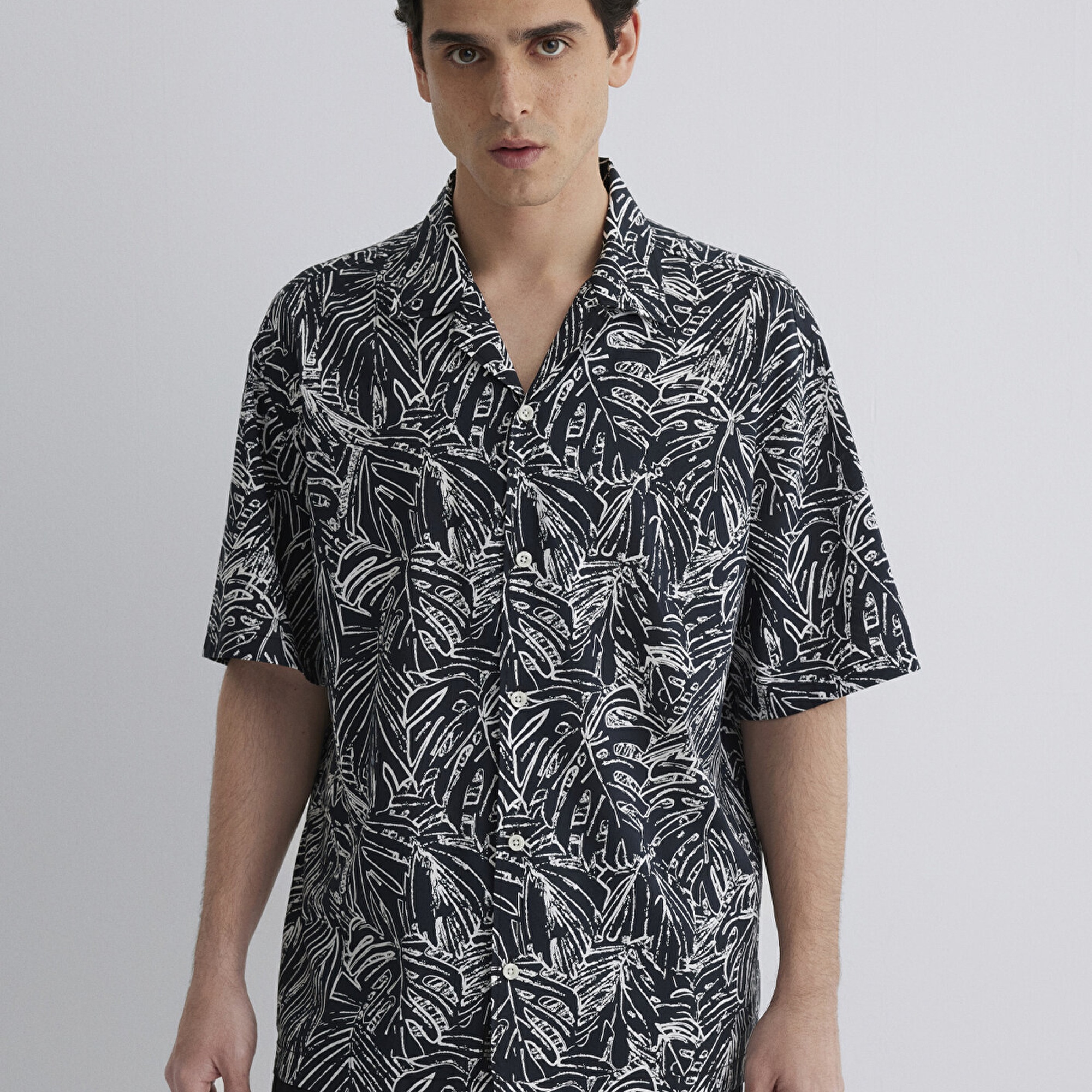 Mavi Kısa Kollu Baskılı Gömlek Loose Fit / Bol Rahat Kesim 0211535-90436